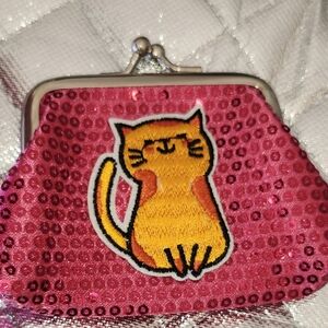 Hand Crafted Pink Sequined Cat Kiss Lock  Coin Purse